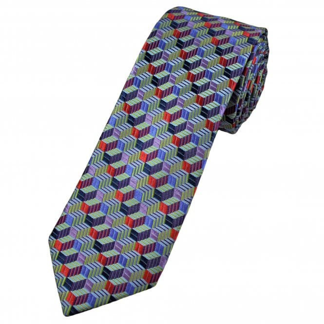 Tresanti Celeste Blue, Red, Lilac, Purple & Lime Green Zig Zag Pattern Men's Designer Silk Tie
