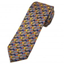 Tresanti Celeste Blue, Silver, Gold & Orange Geometric Pattern Men's Designer Silk Tie