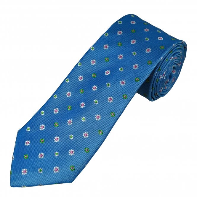 Tresanti Celeste Blue, Silver, Green & Pink Flower Patterned Men's Silk Tie