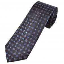 Tresanti Celeste Brown, Blue & Silver Flower Patterned Men's Silk Designer Tie
