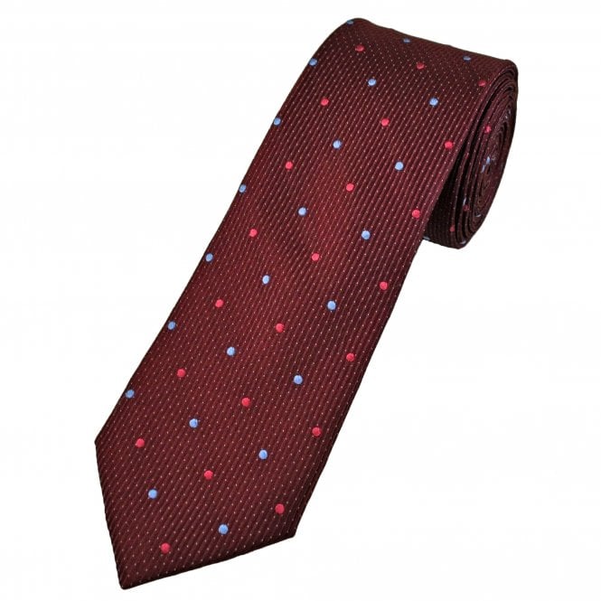 Tresanti Celeste Burgundy with Light Blue & Red Polka Dots and Pink Micro Dots Men's Silk Tie