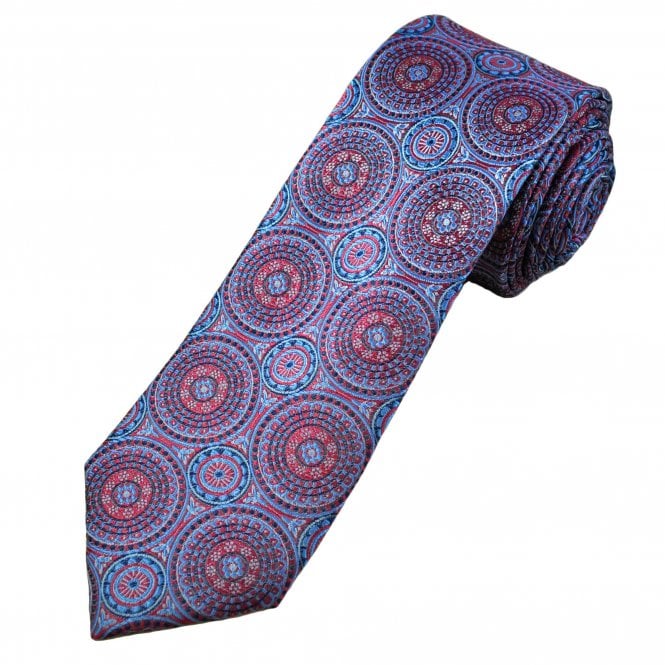 Tresanti Celeste Coral Pink, Navy & Light Blue Circle Pattern Men's Silk Tie