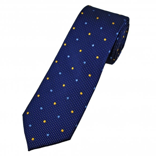 Tresanti Celeste Dark Royal & Navy Blue with Light Blue & Gold Polka Dots and Gold Micro Dots Men's Silk Tie