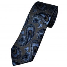 Tresanti Celeste Dark Silver Grey & Shades of Blue Paisley Patterned Men's Silk Designer Tie