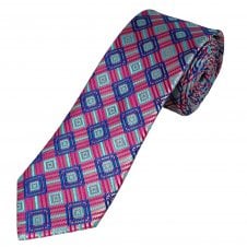 Tresanti Celeste Dusky Pink, Fuchsia, Royal Blue & Turquoise Square Patterned Men's Silk Tie