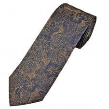 Tresanti Celeste Golden Brown, Silver & Navy Blue Floral Paisley Pattern Men's Silk Designer Tie