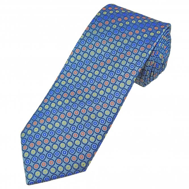 Tresanti Celeste Iceberg Blue, Royal Blue, Navy, Orange & Lemon Yellow Circles Pattern Men's Silk Tie