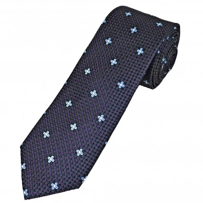 Tresanti Celeste Indigo Blue, Purple, Silver & Light Blue Flower Pattern Men's Silk Tie