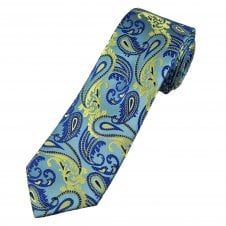 Tresanti Celeste Light Blue, Acid Yellow & Royal Blue Paisley Men's Silk Designer Tie