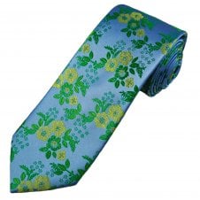 Tresanti Celeste Light Blue, Green & Lime Floral Pattern Men's Silk Designer Tie