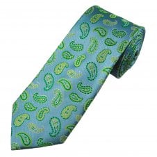 Tresanti Celeste Light Blue, Green & Silver Paisley Pattern Men's Silk Designer Tie 