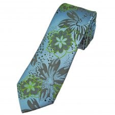 Tresanti Celeste Light Blue, Lime Green & Grey Floral Pattern Men's Designer Silk Tie