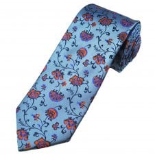 Tresanti Celeste Light Blue, Navy, Orange & Royal Blue Floral Pattern Men's Silk Designer Tie