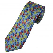 Tresanti Celeste Light Blue, Orange, Lemon Yellow & Navy Floral Pattern Men's Silk Designer Tie