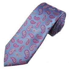 Tresanti Celeste Light Blue, Pink & Silver Paisley Pattern Men's Silk Designer Tie 