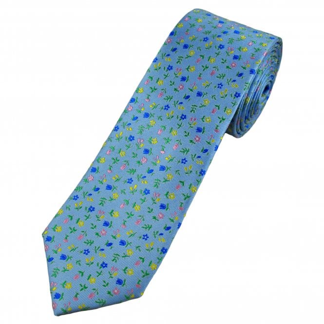 Tresanti Celeste Light Blue, Pink, Yellow, Green & Blue Flower Pattern Men's Designer Silk Tie