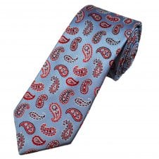 Tresanti Celeste Light Blue, Red & Silver Paisley Pattern Men's Silk Designer Tie 