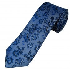 Tresanti Celeste Light Blue, Royal Blue, Navy & Silver Flower Patterned Men's Silk Tie