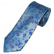Tresanti Celeste Light Blue, Royal Blue & Plum Purple Floral Patterned Men's Silk Tie