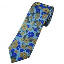 Tresanti Celeste Light Blue, Royal, Brown & Beige Flower Patterned Men's Silk Tie