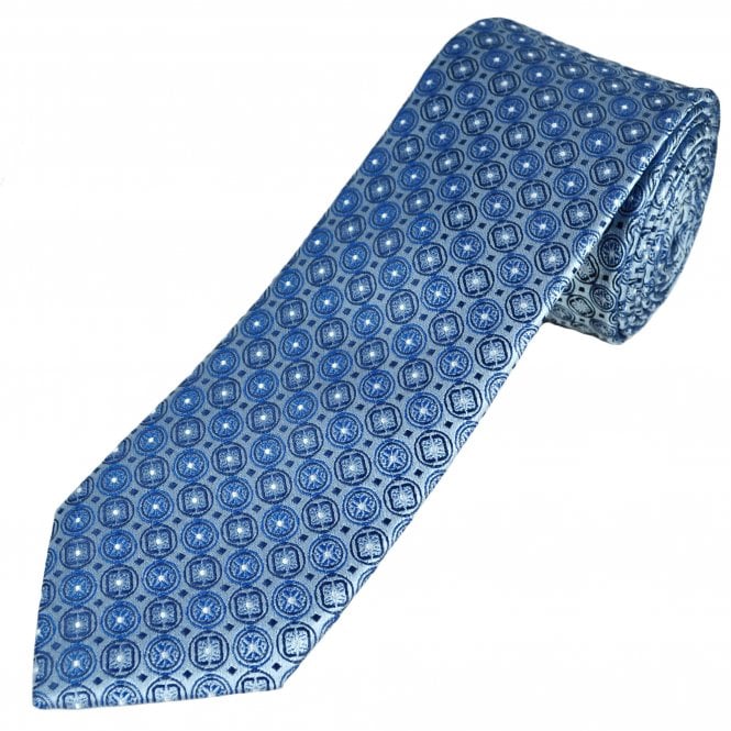 Tresanti Celeste Light Blue, Royal, Navy & Silver Floral & Geometric Pattern Men's Silk Designer Tie