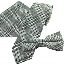 Tresanti Celeste Matching Tie, Bow Tie & Pocket Square 3-Pack Set - Black, White & Brown Check Linen/Cotton Blend