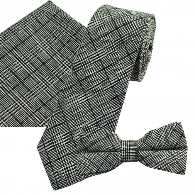 Tresanti Celeste Matching Tie, Bow Tie & Pocket Square 3-Pack Set - Black & White Check Linen/Cotton Blend