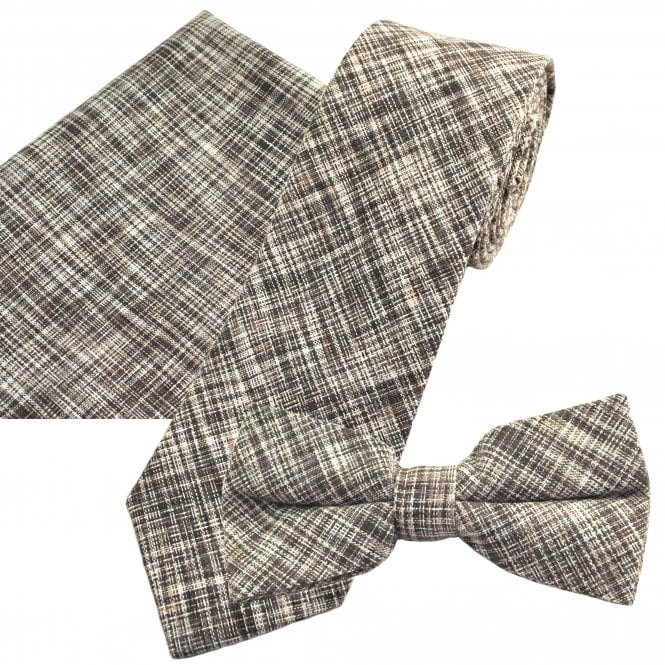 Tresanti Celeste Matching Tie, Bow Tie & Pocket Square 3-Pack Set - Cream, Beige & Brown Pattern Linen/Cotton Blend