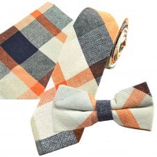 Tresanti Celeste Matching Tie, Bow Tie & Pocket Square 3-Pack Set - Cream, Beige, Orange & Navy Blue Check Linen/Cotton Blend