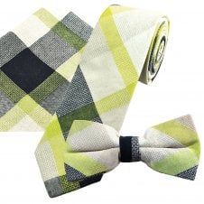 Tresanti Celeste Matching Tie, Bow Tie & Pocket Square 3-Pack Set - Cream, Lime Green & Navy Blue Check Linen/Cotton Blend