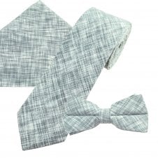 Tresanti Celeste Matching Tie, Bow Tie & Pocket Square 3-Pack Set - Grey & White Pattern Linen/Cotton Blend