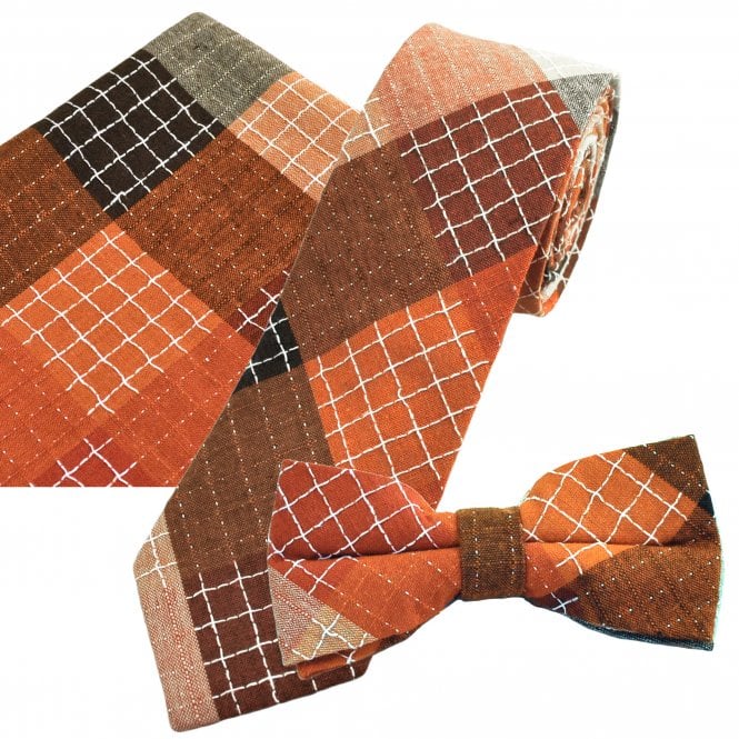 Tresanti Celeste Matching Tie, Bow Tie & Pocket Square 3-Pack Set - Orange, Brown, Beige & White Check Linen/Cotton Blend