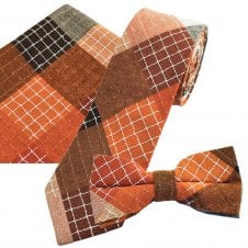 Tresanti Celeste Matching Tie, Bow Tie & Pocket Square 3-Pack Set - Orange, Brown, Beige & White Check Linen/Cotton Blend