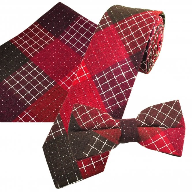 Tresanti Celeste Matching Tie, Bow Tie & Pocket Square 3-Pack Set - Red, Brown & White Check Linen/Cotton Blend
