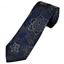 Tresanti Celeste Midnight Blue, Charcoal & Silver Floral Pattern Men's Designer Silk Tie