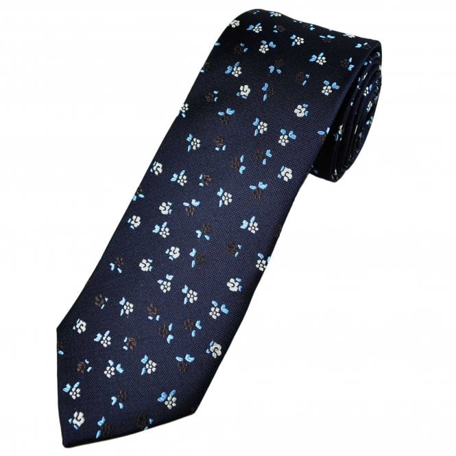 Tresanti Celeste Navy, Blue, Brown & Silver Floral Pattern Silk Men's Designer Tie