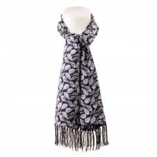 Tresanti Celeste Navy Blue & Ivory White Leaf Pattern with Navy Blue Tassels 100% Silk Scarf