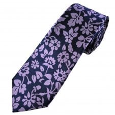 Tresanti Celeste Navy Blue & Lilac Flower Pattern Men's Silk Designer Tie