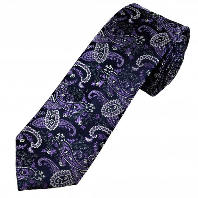 Tresanti Celeste Navy Blue, Lilac Purple & White Paisley Pattern Men's Silk Designer Tie