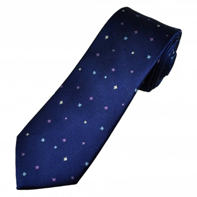 Tresanti Celeste Navy, Blue, Lilac & Silver Leaves Pattern Men's Silk Designer Tie