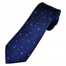 Tresanti Celeste Navy, Blue, Lilac & Silver Leaves Pattern Men's Silk Designer Tie