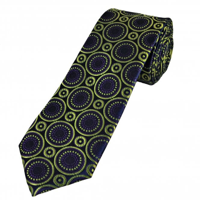 Tresanti Celeste Navy Blue, Lime Green & Purple Circle Pattern Men's Silk Designer Tie
