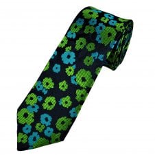 Tresanti Celeste Navy Blue, Lime Green & Turquoise Flower Patterned Men's Silk Tie