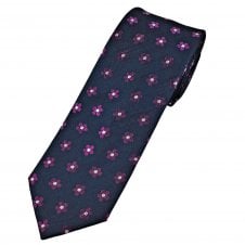 Tresanti Celeste Navy Blue, Magenta Pink & White Flower Pattern Men's Silk Designer Tie