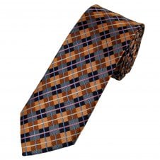 Tresanti Celeste Navy Blue, Orange, Apricot, Pink & Ivory White Checked Men's Silk Tie