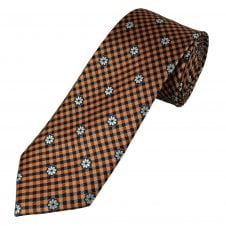 Tresanti Celeste Navy Blue & Orange Checked with Silver White Flowers Patterned Men's Silk Tie