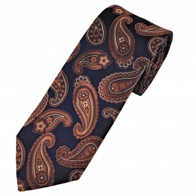Tresanti Celeste Navy Blue, Orange, Peach & Silver Paisley Men's Silk Tie