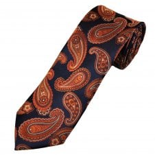 Tresanti Celeste Navy Blue, Orange & Silver Paisley Men's Silk Designer Tie