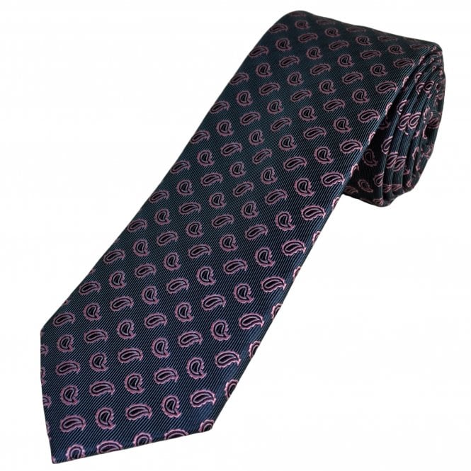 Tresanti Celeste Navy Blue, Pink & Black Teardrop Paisley Pattern Men's Silk Designer Tie