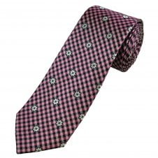 Tresanti Celeste Navy Blue & Pink Checked with Silver Flower Patterned Men's Silk Tie